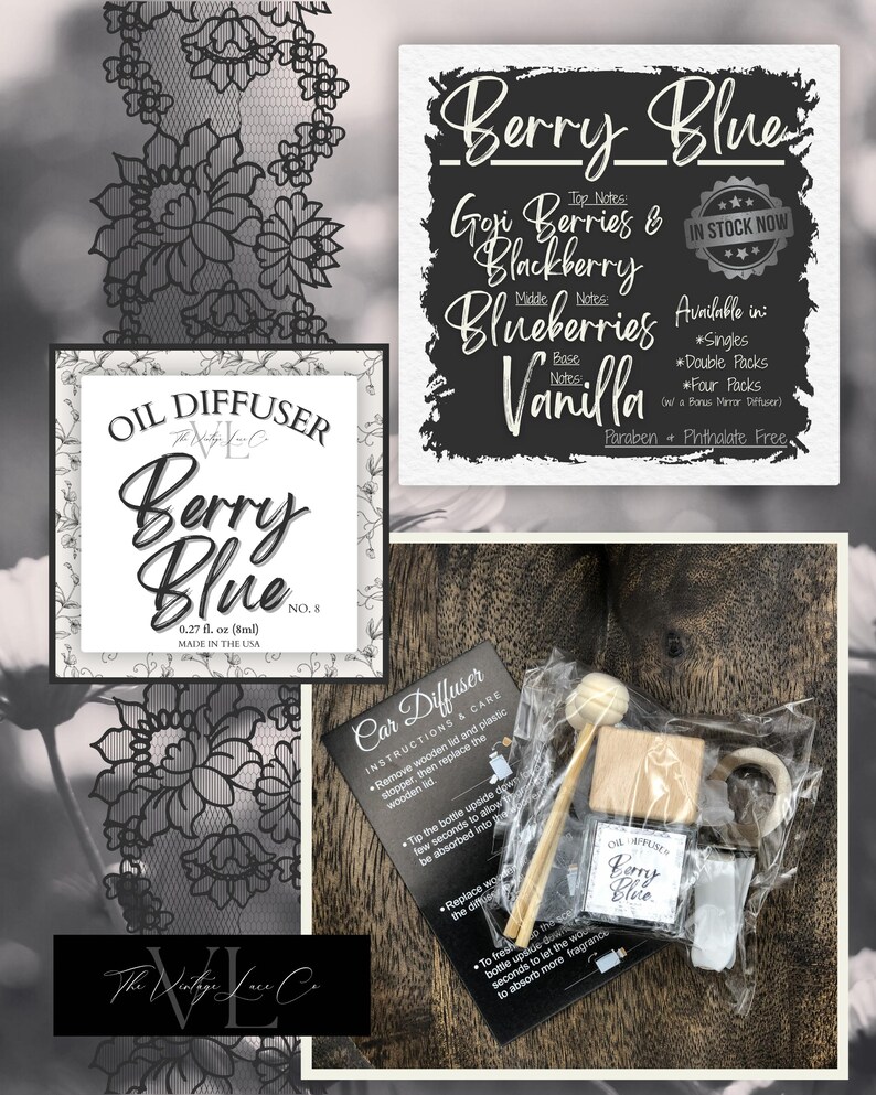 May include: An assortment of car diffuser products with the scent "Berry Blue." The image includes a sign with scent notes, a bottle, and a kit with instructions. The sign lists Goji Berries & Blackberry, Blueberries, and Vanilla.