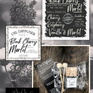 May include: An assortment of oil diffusers and accessories, including a car diffuser kit with wooden sticks and a small bottle. The image also features a sign with the text "Black Cherry Merlot" and a lace design.