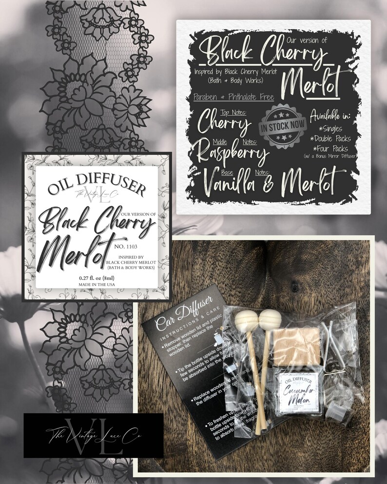 May include: An assortment of oil diffusers and accessories, including a car diffuser kit with wooden sticks and a small bottle. The image also features a sign with the text "Black Cherry Merlot" and a lace design.