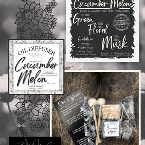 May include: An assortment of Cucumber Melon oil diffusers and car diffusers. The image includes a bottle of oil, wooden sticks, and a car diffuser kit. The packaging features the text "Cucumber Melon" and "Oil Diffuser".
