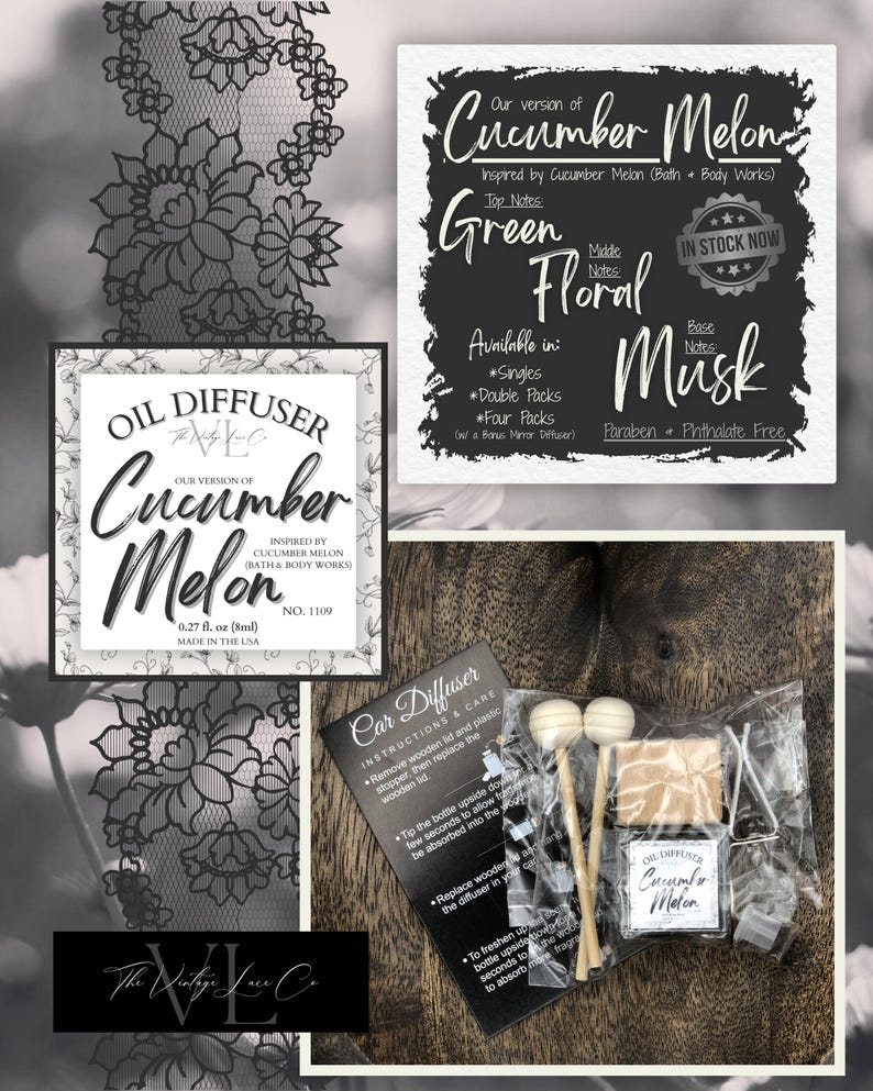 May include: An assortment of Cucumber Melon oil diffusers and car diffusers. The image includes a bottle of oil, wooden sticks, and a car diffuser kit. The packaging features the text "Cucumber Melon" and "Oil Diffuser".