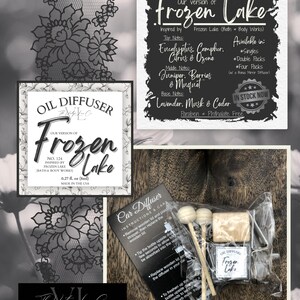 May include: An assortment of car and oil diffusers with the scent "Frozen Lake." The image includes product packaging, a diffuser bottle, and a car diffuser kit with wooden sticks. The packaging lists the scent's notes and the phrase "In Stock Now."