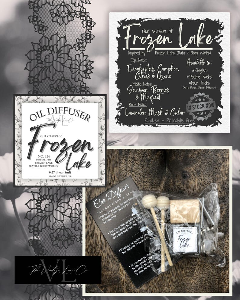May include: An assortment of car and oil diffusers with the scent "Frozen Lake." The image includes product packaging, a diffuser bottle, and a car diffuser kit with wooden sticks. The packaging lists the scent's notes and the phrase "In Stock Now."
