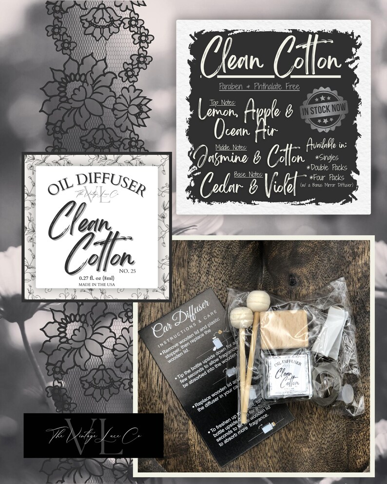 May include: An assortment of Clean Cotton oil diffusers and car diffusers. The image includes a sign with fragrance notes, a bottle, wooden sticks, and a car diffuser kit. The text reads "Clean Cotton" and "Made in the USA."
