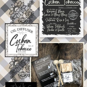 May include: An image featuring a Cuban Tobacco oil diffuser set. The set includes a small bottle, a car diffuser, and instructions. The packaging features the text "Cuban Tobacco" and lists fragrance notes. The background has a floral lace pattern.