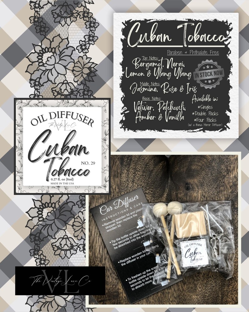 May include: An image featuring a Cuban Tobacco oil diffuser set. The set includes a small bottle, a car diffuser, and instructions. The packaging features the text "Cuban Tobacco" and lists fragrance notes. The background has a floral lace pattern.