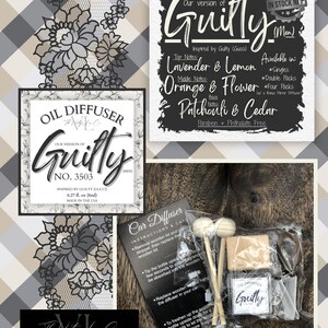 May include: An oil diffuser set with a car diffuser, wooden sticks, and a small bottle labeled "Guilty." The packaging includes instructions and a list of fragrance notes: lavender, lemon, orange flower, patchouli, and cedar.