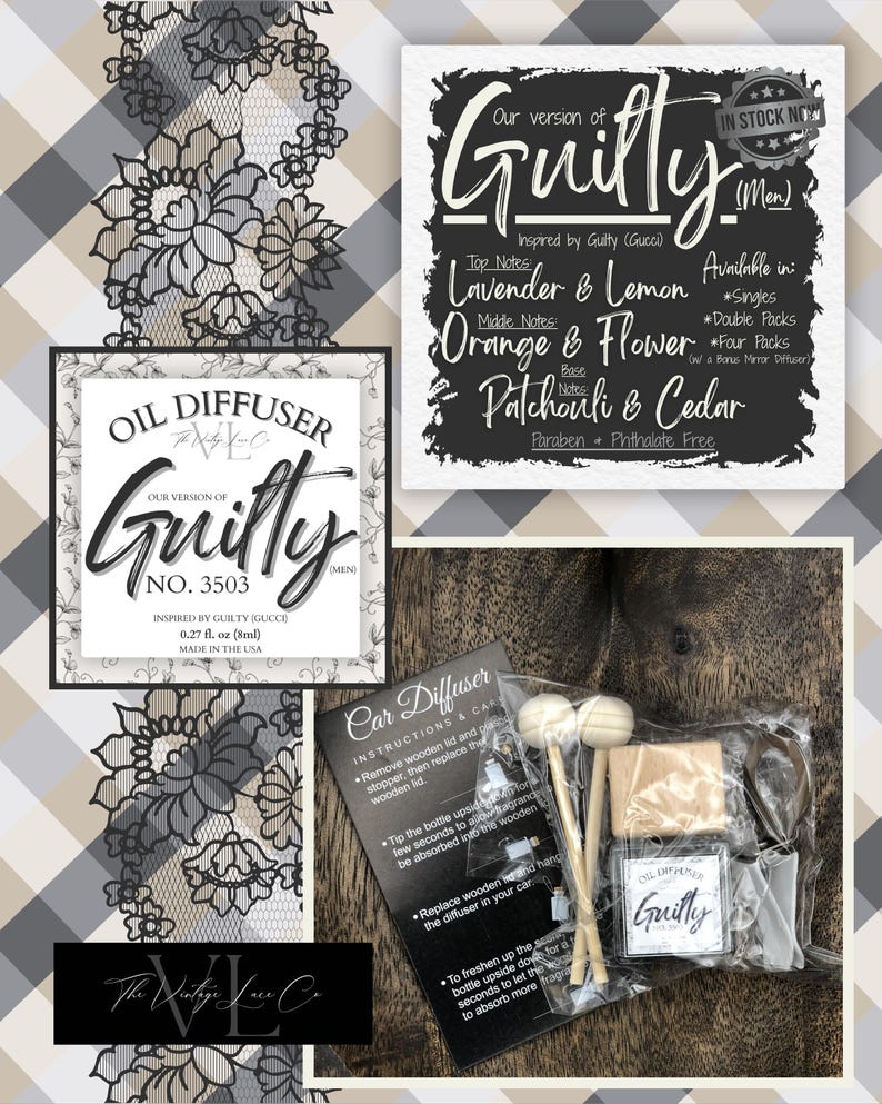 May include: An oil diffuser set with a car diffuser, wooden sticks, and a small bottle labeled "Guilty." The packaging includes instructions and a list of fragrance notes: lavender, lemon, orange flower, patchouli, and cedar.