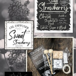 May include: An assortment of car air fresheners and oil diffusers with a sweet strawberry scent. The image includes a sign with the scent's name, ingredients, and product options. The products are packaged with wooden sticks and a car vent clip.