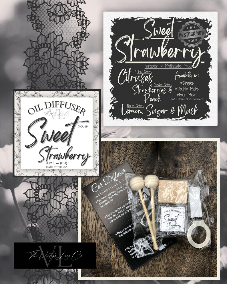 May include: An assortment of car air fresheners and oil diffusers with a sweet strawberry scent. The image includes a sign with the scent's name, ingredients, and product options. The products are packaged with wooden sticks and a car vent clip.