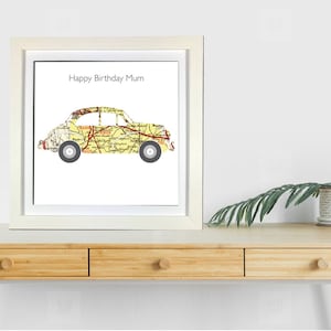Handgefertigtes Kartenbild mit einem Morris Minor Auto - Handgeschnittenes gerahmtes Bild