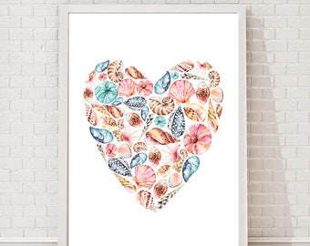 Watercolour Sea Shells Heart Shaped Print
