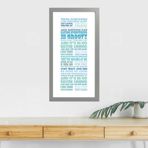 May include: A framed print of the lyrics to the song "Silver Lining" by the band "The 1975". The lyrics are printed in a blue and green color scheme and are arranged in a word cloud style.
