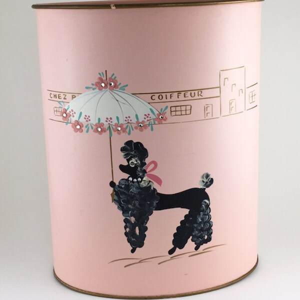 Reserved for olwomanintheshoe 1950's Ransburg Hand Painted Pink French Poodle w/Rhinestones Wastepaper Basket