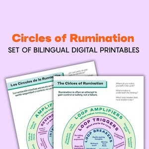 May include: Digital printable set titled "Circles of Rumination" in English and Spanish. The image features two worksheets with circular diagrams. The top text reads "Circles of Rumination" and "SET OF BILINGUAL DIGITAL PRINTABLES". The worksheets are designed to help with understanding rumination.
