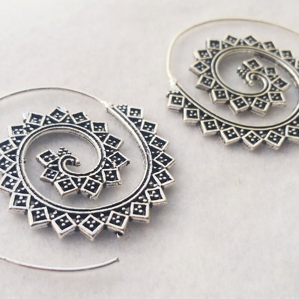 Silver Spiral Earrings, Silver Earrings, Earrings, Boho Earrings, Tribal Jewellery, Ethnic Jewellery, Silver Jewellery