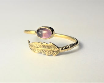 Feather ring,  Amethyst Feather ring, Adjustable ring, Brass ring