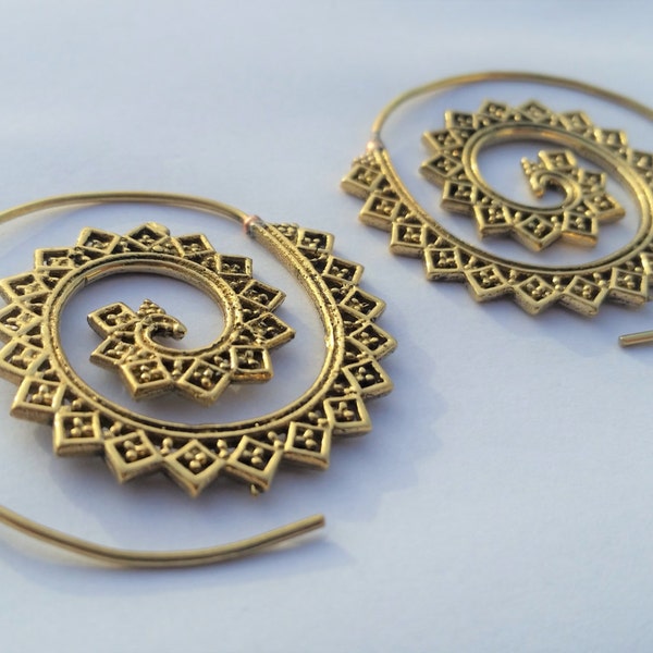 Brass Spiral Earrings, Brass Earrings, Gold Earrings, Boho Earrings, Tribal Earrings, Ethnic Jewellery, Brass Jewellery