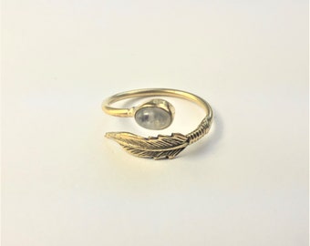 Feather ring,  Moonstone Feather ring, Adjustable ring, Brass ring, Gemstone ring