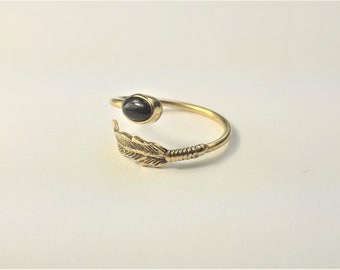 Feather ring,  Black Onyx Feather ring, Adjustable ring, Brass ring