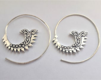 Silver Spiral Earrings, Silver Earrings, Tribal Earrings, Boho Earrings
