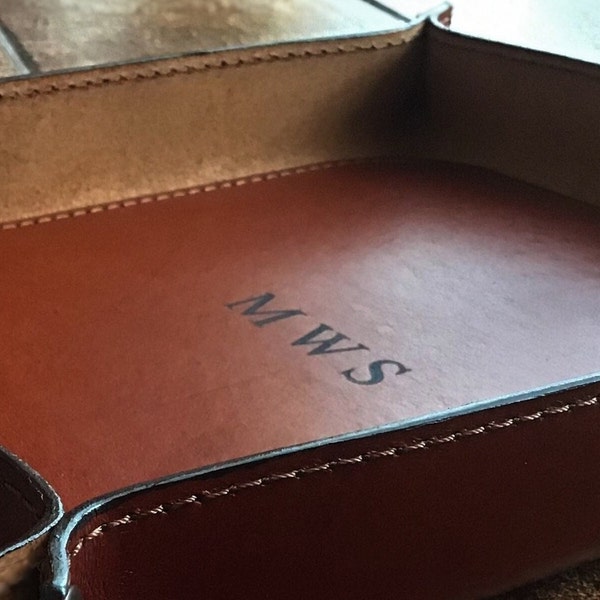 Leather catch-all valet tray, available in three sizes, stylish home, office and desk accessory, a unique custom gift for him or her