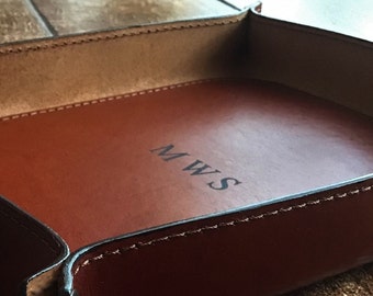 Leather catch-all valet tray, available in three sizes, stylish home, office and desk accessory, a unique custom gift for him or her