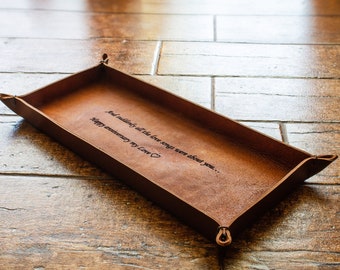 Personalized Long Valet Tray, Italian Leather, Custom Engraved Catchall, Monogram Desk Organizer
