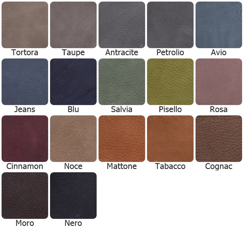 The leather tote bag is available in 17 different colors: Tortora, Taupe, Anthracite, Petrol, Avio, Jeans, Blu, Salvia, Pisello, Rosa, Cinnamon, Noce, Mattone, Tabacco, Cognac, Moro, Nero