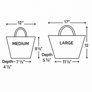 May include: A black and white line drawing showing two tote bags labeled Medium and Large with dimensions in inches. The medium bag is 12 inches wide, 9.5 inches high, and 4.5 inches deep. The large bag is 17 inches wide, 12 inches high, and 5.5 inches deep.