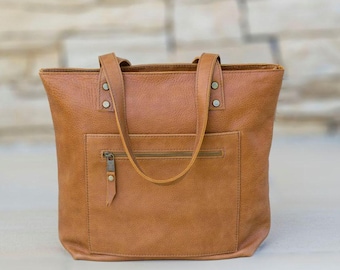 Italian Leather Shopper Tote – Handmade Everyday Shoulder Bag with Zipper Pocket