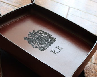 Handmade Italian leather valet catch all tray, A4 large office and sundries storage, custom interior design, personalised gift husband wife