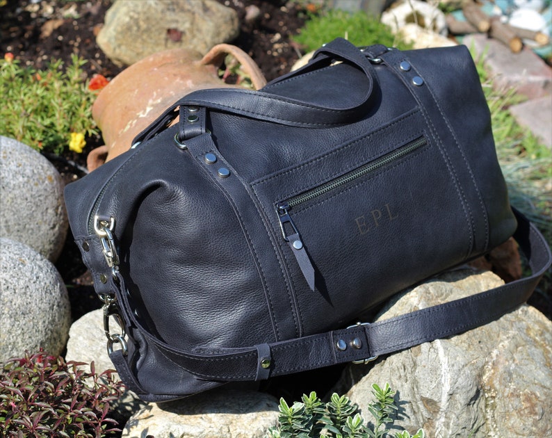 Weekender overnight bag handmade of black italian leather mens womens leather travel handbag,leather duffle bag gym sports leather bag
