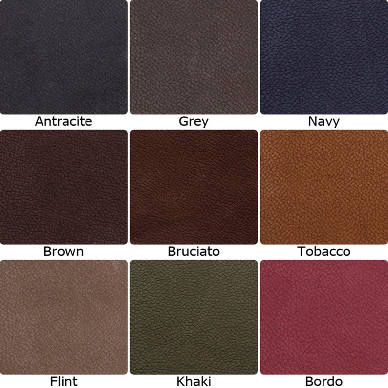 A stunning palette of 10 colors is available for our round-shaped nubuck Italian leather: Black, anthracite, grey, navy, brown, bruciato, tobacco, flint, khaki, and bordo.