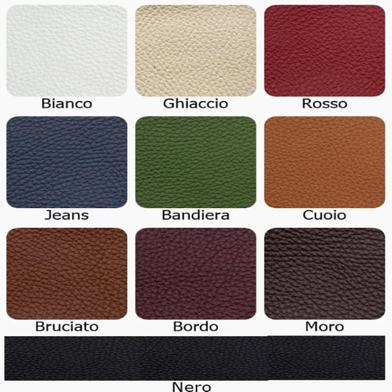 May include: A grid of nine textured leather swatches in various colors labeled Bianco, Ghiaccio, Rosso, Jeans, Bandiera, Cuoio, Bruciato, Bordo, Moro, and a bottom strip labeled Nero. Each square displays a distinct pebbled grain pattern.