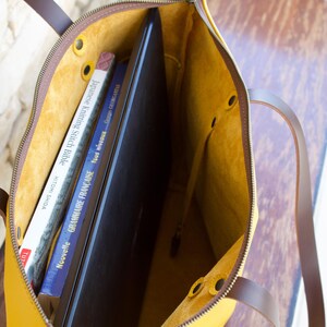 Handmade tote bag in full grain Italian leather, Large size to fit everything, from your laptop, books, everyday essentials, shown with interior pocket and key holder, top zipper closure and natural suede interior — stylish work or travel purse for her.