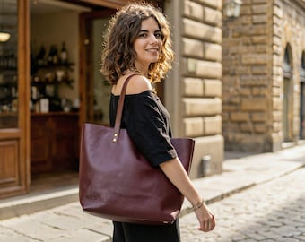 Italiaanse leren shopper voor dames | Gepersonaliseerde tas voor werk en dagelijks gebruik | Met rits en diverse vakken