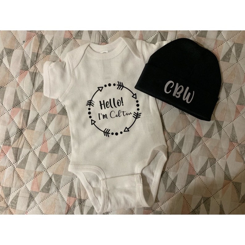 Hello Newborn onesie and beanie baby boy coming homne outfit I/'m....