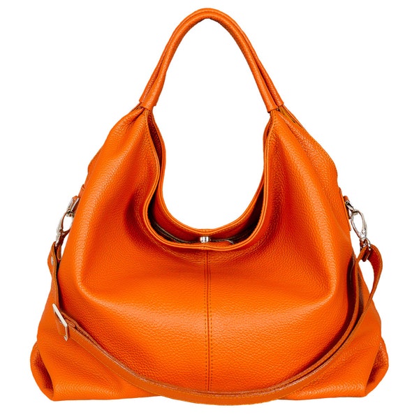 Leather handbag handmade women shoulder bag oversize large hobo crossbody tote made to order custom convertible purse handle HOFF orange