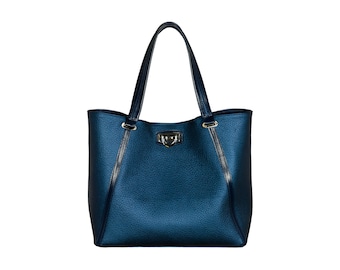 Leather handbag handmade women shoulder bag oversize large hobo crossbody tote made to order custom convertible purse handle HOFFMANN blue