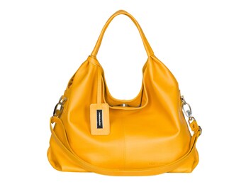 Leather handbag handmade women shoulder bag oversize large hobo crossbody tote made to order custom convertible purse handle HOFFMANN yellow