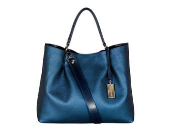 Leather handbag handmade women shoulder bag oversize large hobo crossbody tote made to order purse handle blue HOFFMAN