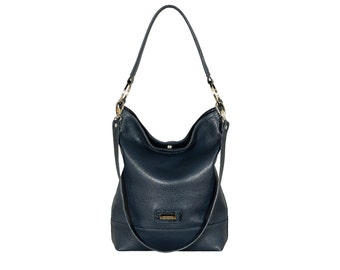 Leather handbag handmade women shoulder bag oversize large hobo crossbody tote made to order custom convertible purse handle  dark navy-blue