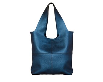 Leather handbag handmade women shoulder bag oversize large hobo crossbody tote made to order custom convertible purse handle HOFFMANN blue