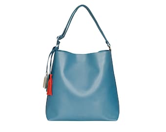 Leather handbag handmade women shoulder bag oversize large hobo crossbody tote made to order custom convertible purse handle HOFFMANN blue