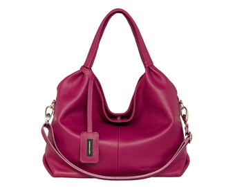 Leather handbag handmade women shoulder bag oversize large hobo crossbody tote made to order custom convertible purse handle HOFF fuchsia