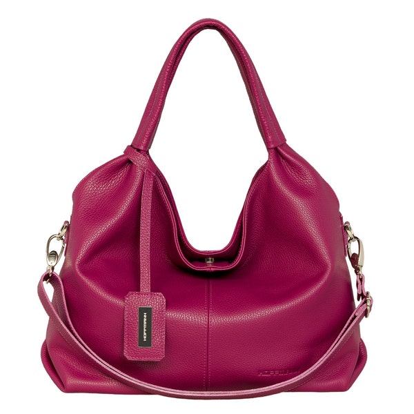 Leather handbag handmade women shoulder bag oversize large hobo crossbody tote made to order custom convertible purse handle HOFF fuchsia