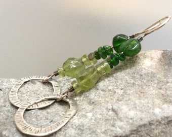 Gorgeous green Peridot & emerald green chrome diopside, artisanal silver hoop drop earrings. Handmade sterling silver gemstone earrings Ooak