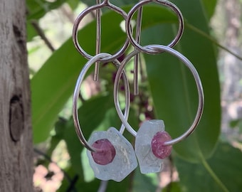 Handmade large sterling silver hoops with Large icy Baby blue Aquamarine rounds and deep pink tourmalines. gemstone earrings. Ooak