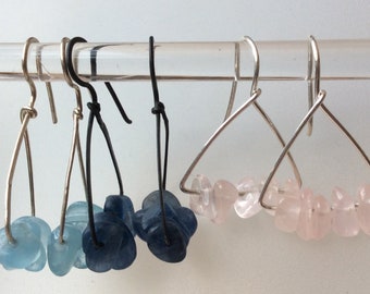 Kyanite OR Aquamarine OR Rose quartz sterling silver drop earrings. Handmade sterling silver gemstone earrings. Handmade modern earrings.
